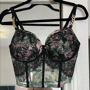 VS Victoria Secret Floral Lace Bustier Top corset with Gold Chain Straps 36 C